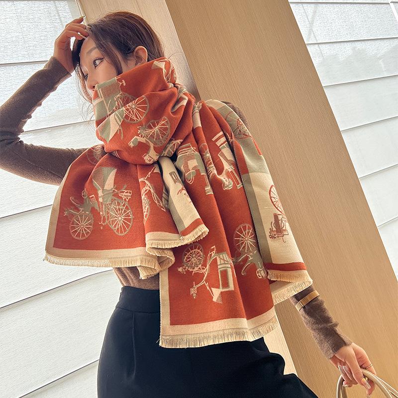Elegant and Luxurious Windmill Horse Fleeting Imitation Cashmere Scarf for Women Plus Velvet To Keep Warm and Windproof Versatile Scarf