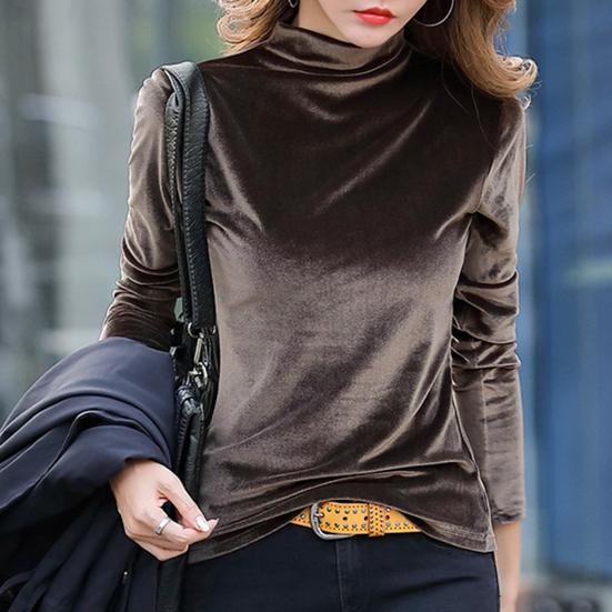 Half High Collar Long Sleeves Basic Top Women Autumn Winter Velvet Pure Color Bottoming Shirt