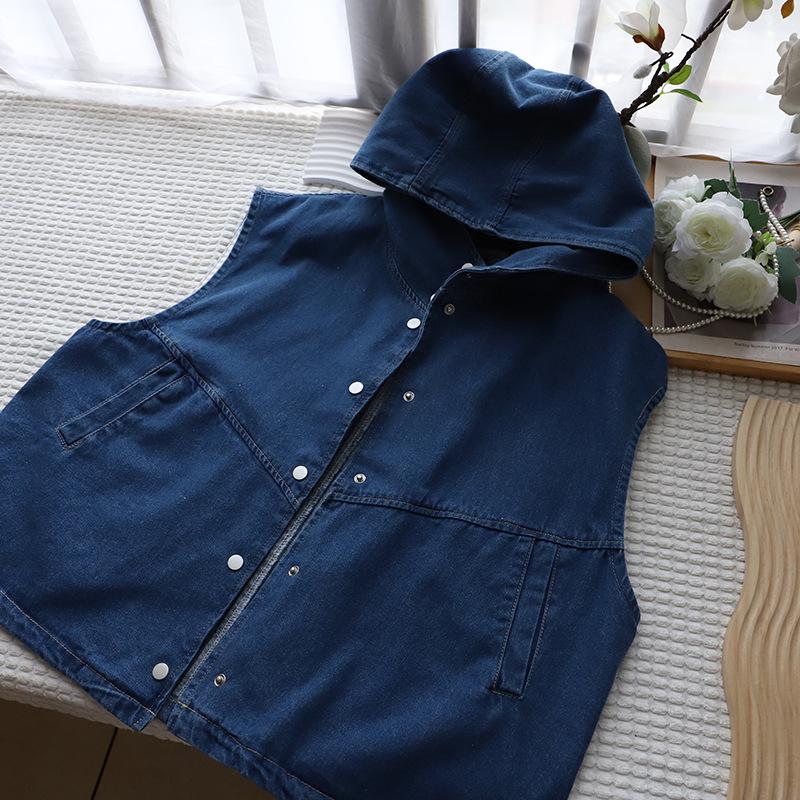 2025 Spring/Summer Women's Korean-Style Loose Casual Hooded Denim Vest Jacket