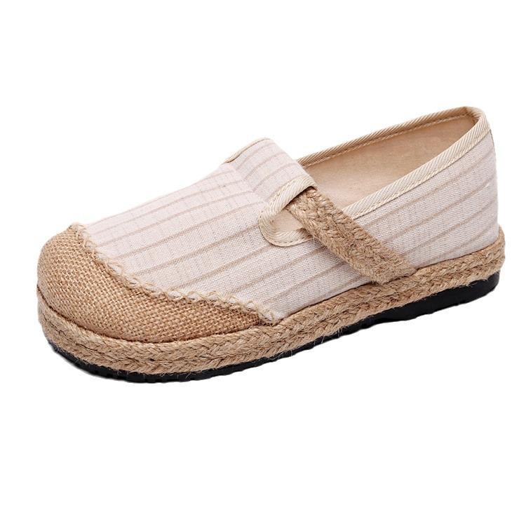 2025 Women’s Trendy Slip-On Shoes: Spring & Fall Vertical Stripe Cotton-Linen, College Style, Round Toe Hemp Design