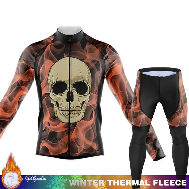 Men's Cycling Pants Fleece Jersey Skull Sets Long Sleeve Thermal Shirt Mens Clothes Clothing Winter Man Outfit Suit Termal Retro