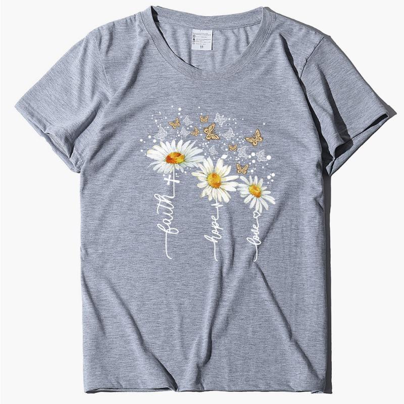 Ležérní tričko s potiskem chryzantémy a motýlů, letní top s krátkým rukávem z čisté bavlny s kulatým výstřihem, dámské