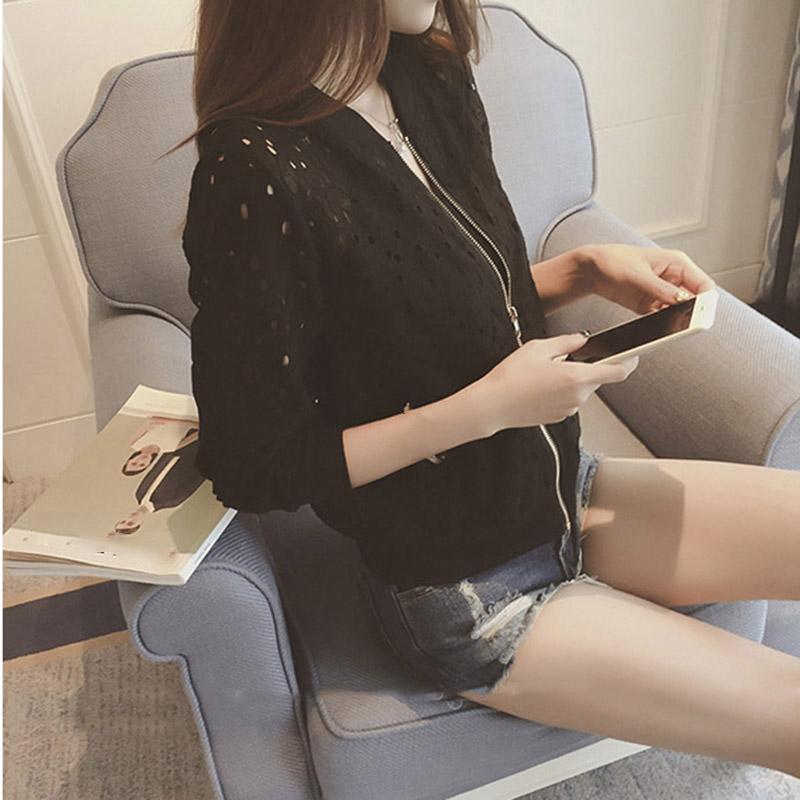 Mode Frauen Bomber Jacke Langarm Spitze Sonnencreme Shirt Kurzen Sommer Dünne Mantel Casual Baseball Mantel