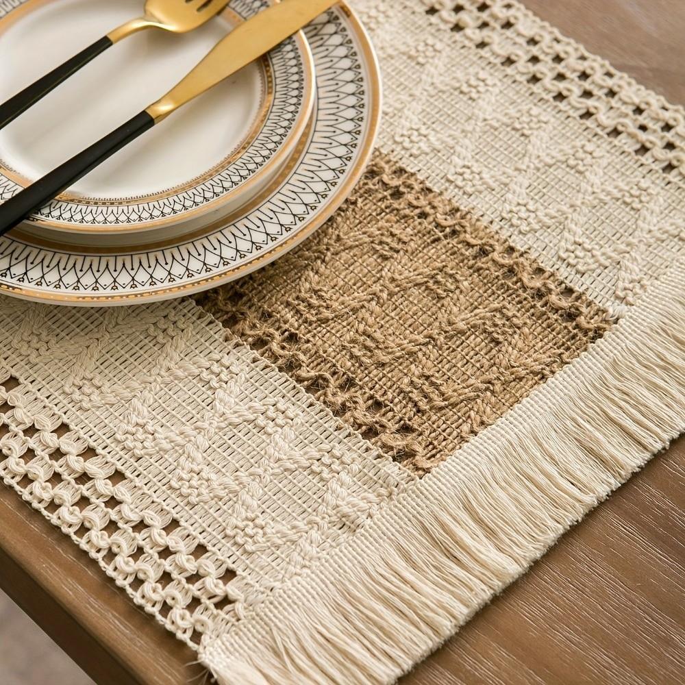 4pcs with Tassel Boho Burlap Placemats Non Slip Linen Braided Place Mats Wedding Party