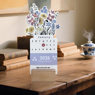 Calendrier de bureau à fleurs épanouies Calendrier à cadre en bois Calendrier mini créatif Ornements décoratifs Fournitures de carnet 2026