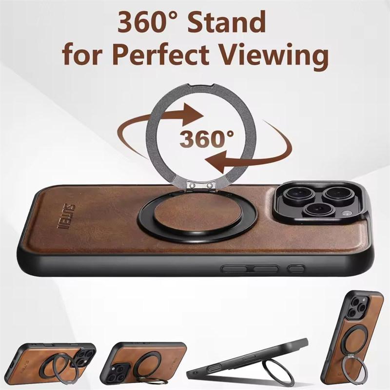 Strong Magnetic Compatible MagSafe Wireless Charging 360° Rotating Ring Stand PU Leather Phone Case For iPhone 16 15 14 13 12 Pro Max Plus