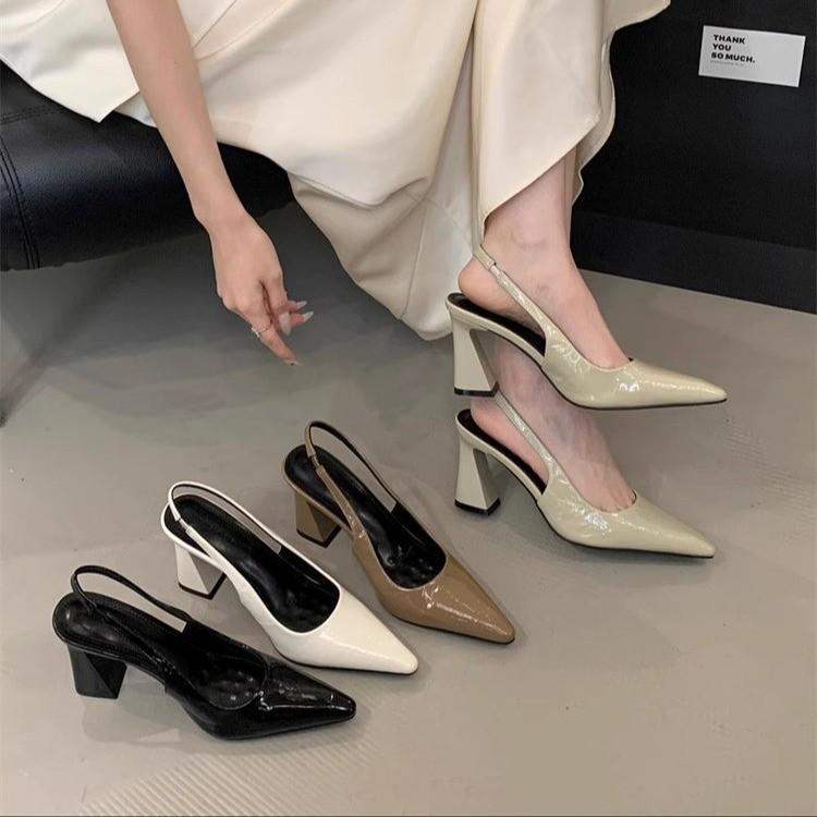 Baotou sandals women's summer 2025 new Korean version commuter high heels French patent leather high-end pointed thick heel single shoes