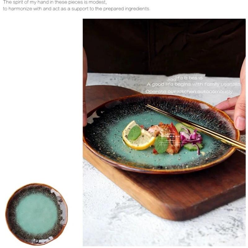 Creative European Ceramic Dinner Plate, Kiln-Changed Green Glaze Steak Plate, Household Salad Dish