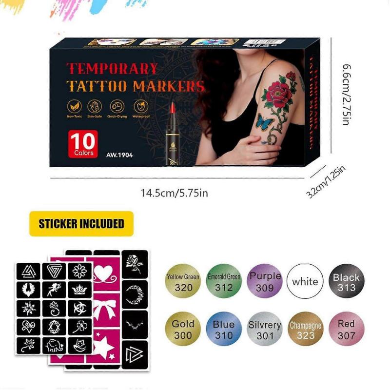 10 Color Temporary Tatto Pen,Temporary Tattoes Markers for Skin,Tatto Pen Kit,Washable Face Body Painting Kit,Adults Art Marker Pens for Party Festiva