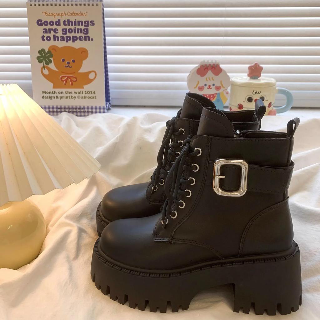 Fashion Leather Woman Short Shoes With Laces Chunky Heel Height Increasing Booties High Quality Hot Sale Y2k Goth Ankle Boots for Women