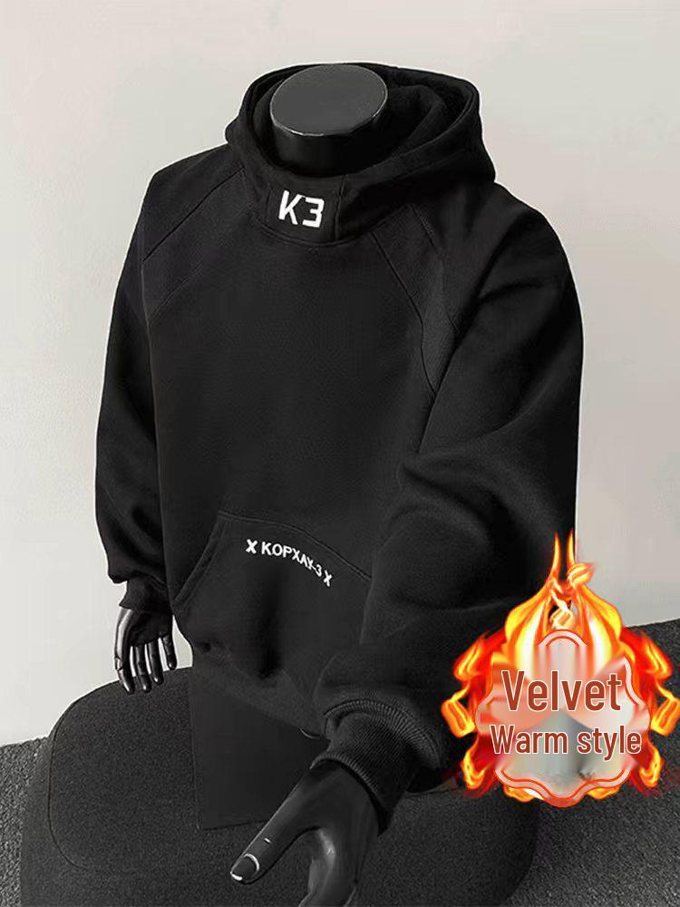 

Unisex Gray Patchwork Half-High Collar Hoodie, Plus Velvet, Hong Kong Style, Casual & Versatile for Autumn/Winter, American Trendy Brand 3XL чорний