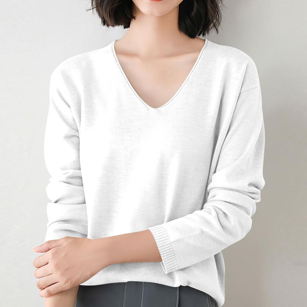 Women's Fashion Loose Knit Sweater Bottom Shirt V-Neck Pullover Long Sleeve Solid Color Top