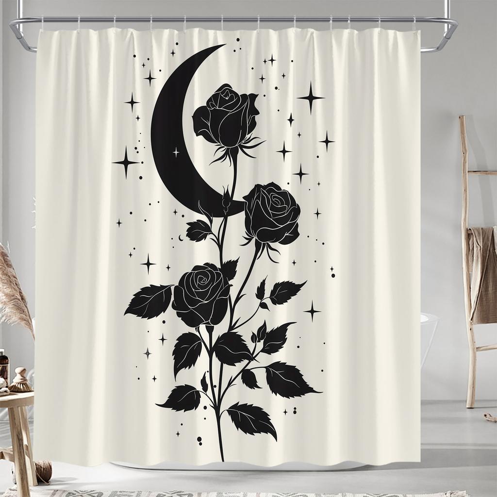 Romantic Black Roses & Crescent Moon Shower Curtain - Sparkling Stars, Soft Beige Background, Durable Polyester, Bathroom Decor
