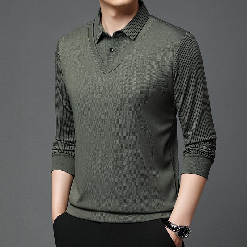 Men's Fake Two-piece Long-sleeved Polo Shirt with Elastic Fleece Thickened Lapel