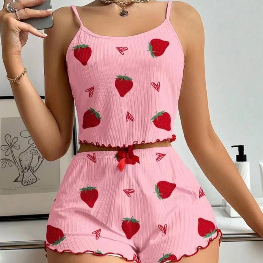 

2026 Summer Strawberry Print Pajamas Set for Women Homewear Sexy Sling Crop Tops and Shorts 2 Pieces Suit White Short Pyjamas Sleepwear Loungewear S