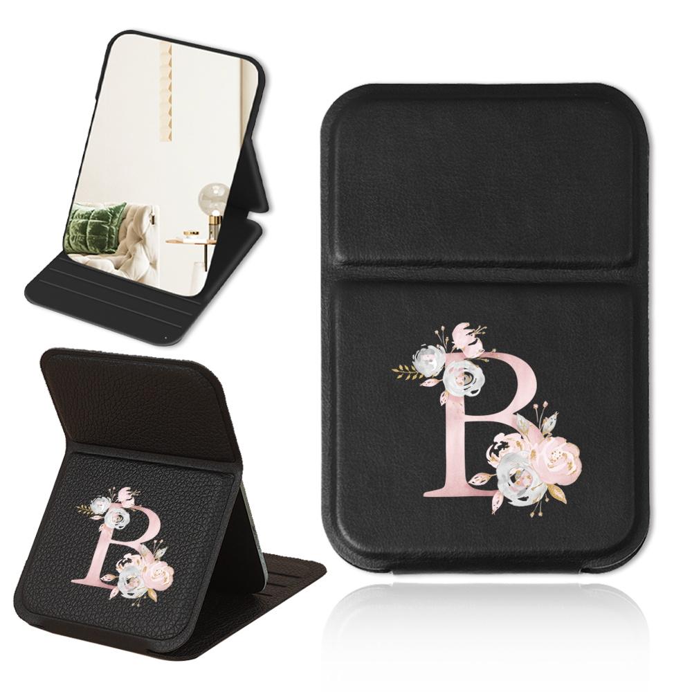 Portable Makeup Mirror Foldable Desktop PU Makeup Mirror Handheld Pocket Mirror Travel Cosmetic Tool Pink Flower Letter Pattern
