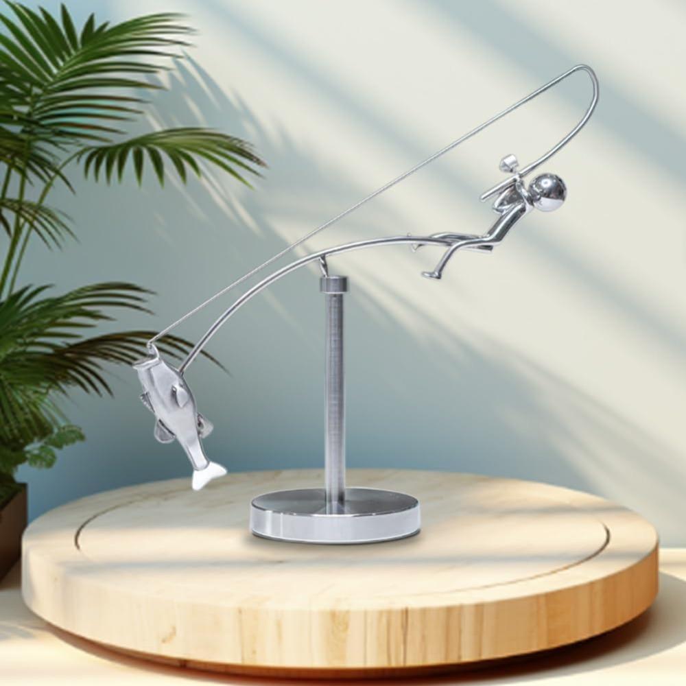 Handmade Kinetic Fishing Sculpture Metal Desk Ornament Kinetic Balance Art Statue Gift The Fisherman Balancing Sculpture