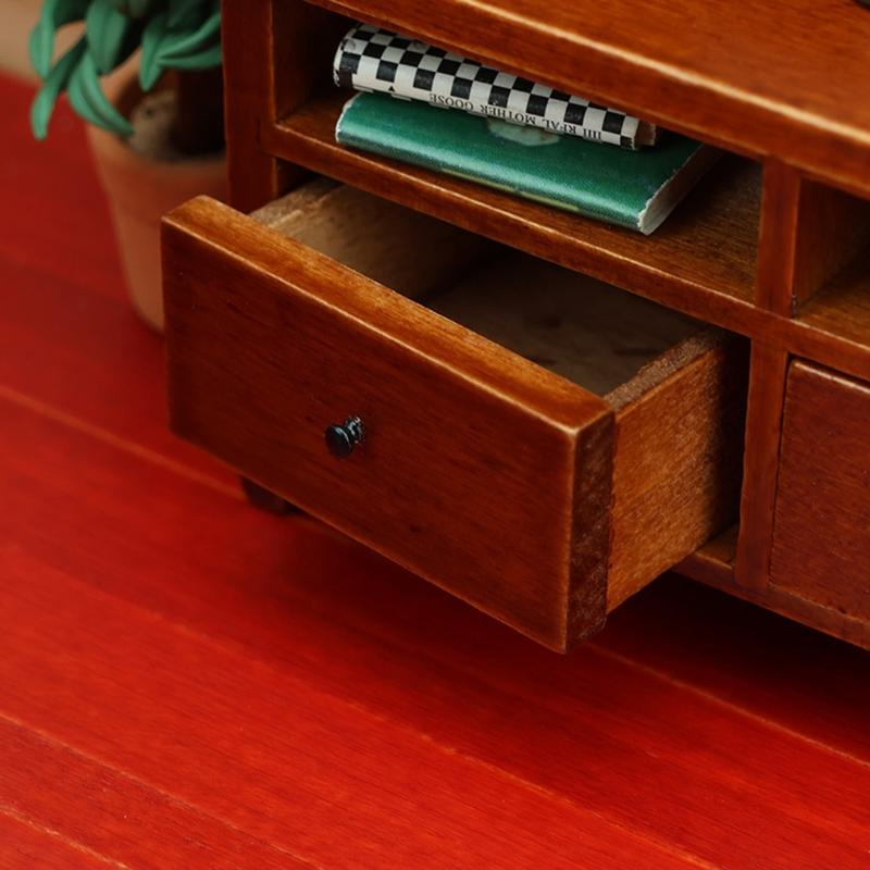 Miniature Wood TV Cabinet With Functional Drawer Doll House Living Room Scene Display Accessory Craft Model Furniture