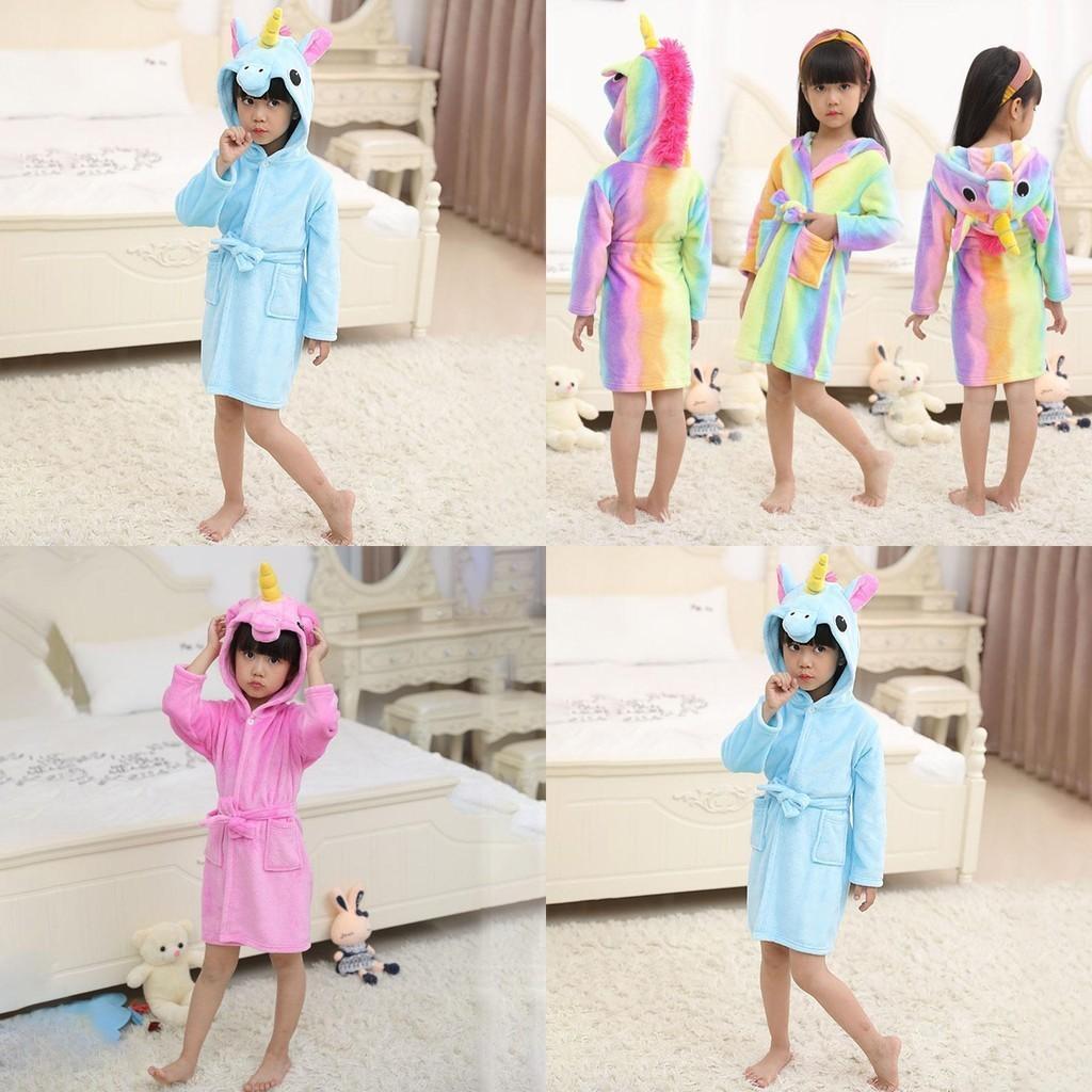 Unicorn Kids Unisex Bathrobe Girls Boys Hooded Pajamas Sleepwear Nightwear