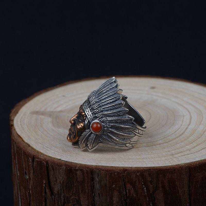 Adjustable Open Ring Men Women Vintage Indian Chief Face Design Punk Boho Statement Jewelry