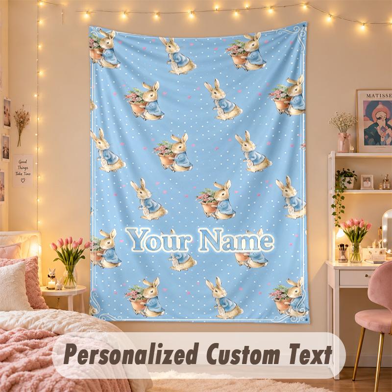 Custom Personalized Tapestry,Peter Rabbit Print Custom Name Text Wall Art Hanging for Bedroom