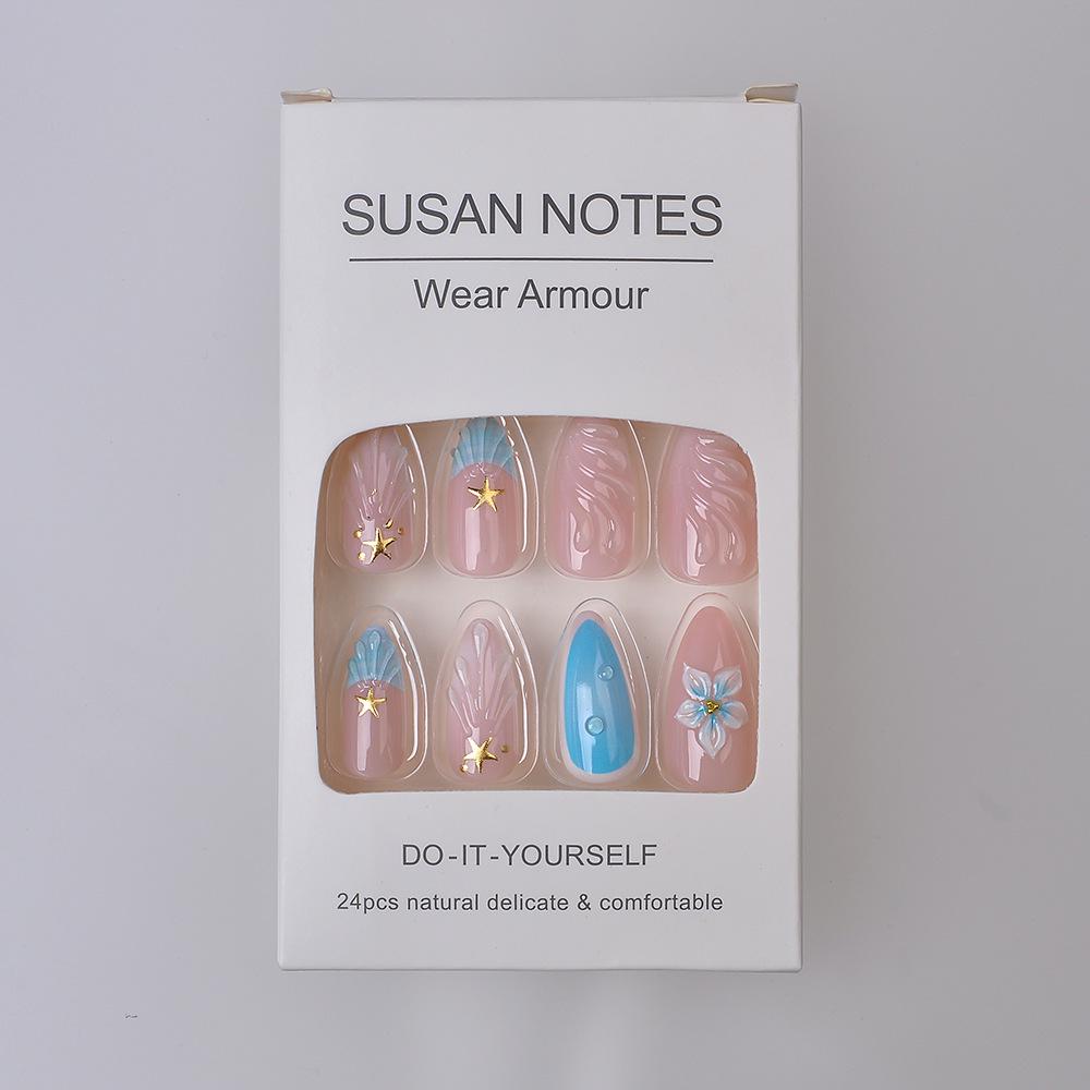 3D Handmade Resin Shell Pattern French Flower Almond-Shaped Wearable Nails - 24 Pieces