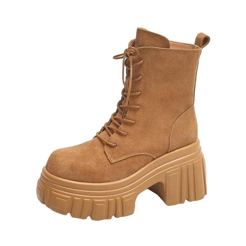 Móda 9CM Podzim Jaro Dámské Kožené Motorkářské Boty Nové Vysoká Platforma Masivní Kotníkové Boty Dámské Klínky Semišové Punk Boty Žena