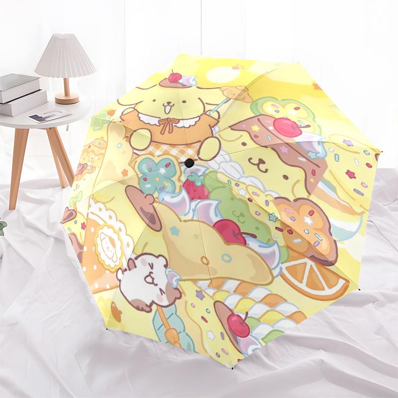 1pc PomPom Purin Automatic Folding Umbrella - Portable 3-Fold Design with 8-Bone Iron Frame for Outdoor Use, Perfect Gift for Fans, Travelers, and Dai