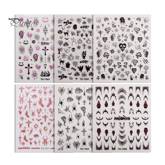 Easy to Apply Nail Decals 6 Sheets Halloween Stickers for Women, Pumpkin Ghost Bat Skull Design Manicure Decoration Decals, Art Accessories Home Salon
