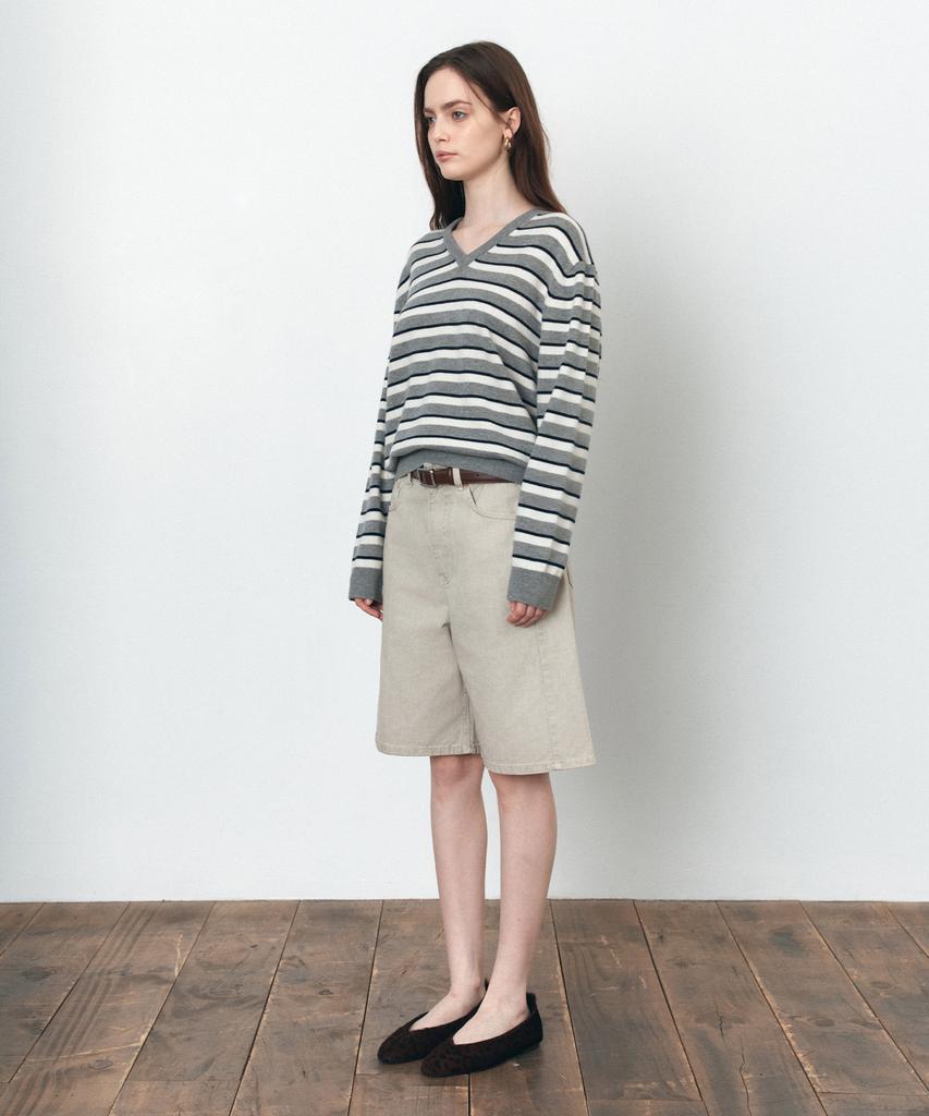 Siyajyu Sikn2174 Multi-Stripe V-Neck Knit_Melange Gray