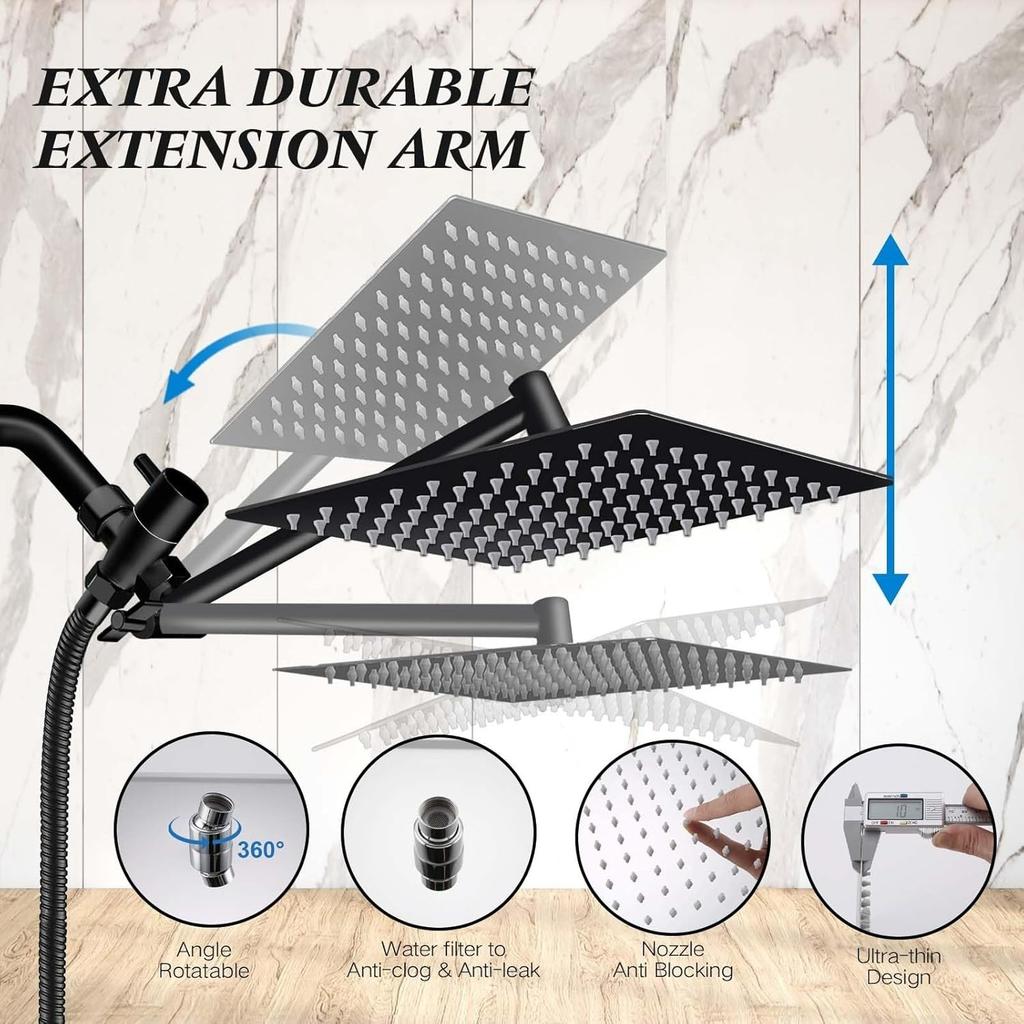Soffione Doccia Pioggia Multifunzione ad Alta Pressione da 8 Pollici con Doccetta Manuale, Combinazione con Braccio Estensibile Regolabile ad Angolo da 11''/Regolatore di Flusso/Sistema Doccia