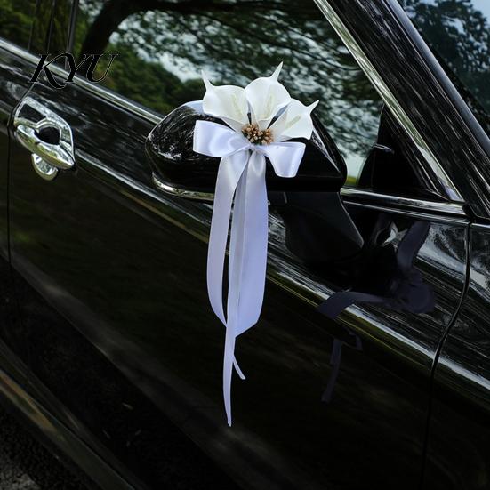 Rearview Mirror Ribbon Bows Calla Lily Wedding Car Door Handle Decorative Flower, White Artificial Flower Bouquet Elegant Gold Bead Satin Streamers