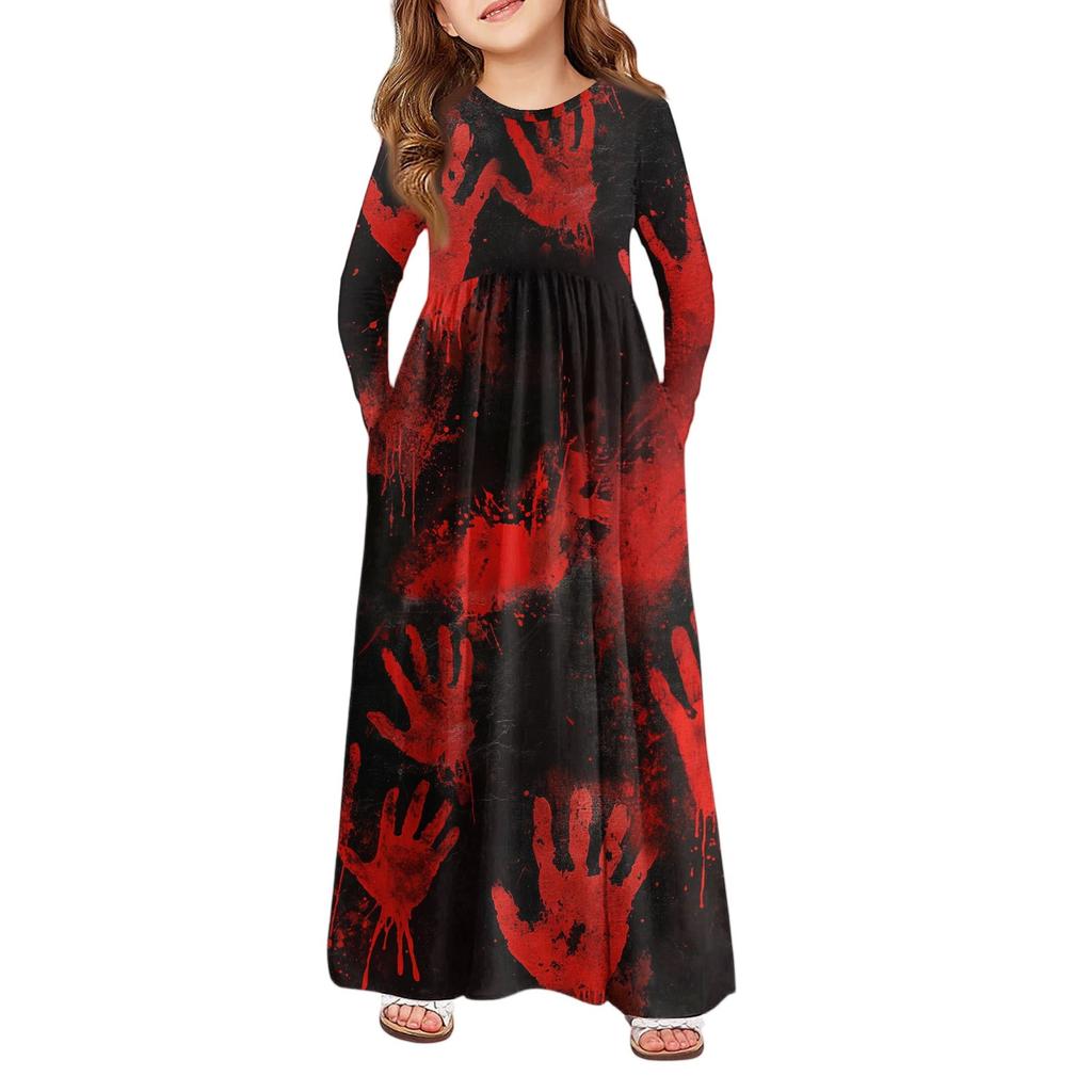 Girls' Maxi Dress Halloween Day- Long Sleeve Pocket Dress