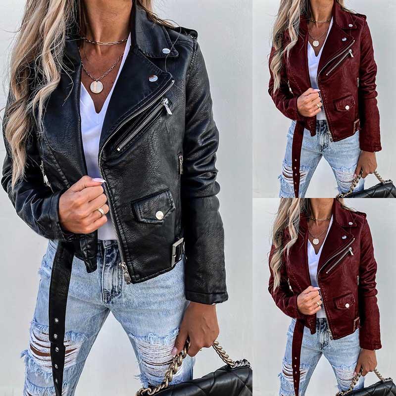 Damen Frühling Herbst Freizeit Langarm Reißverschluss PU Motorradjacke Mantel
