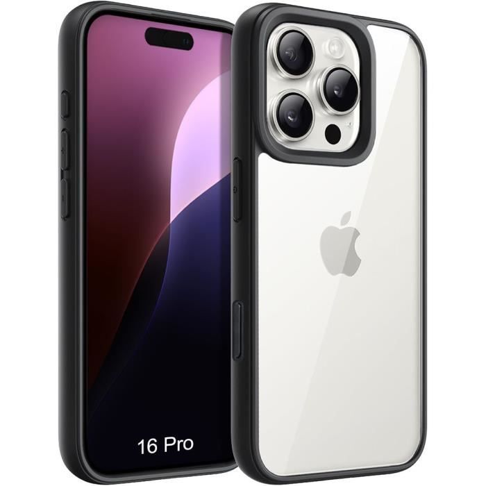 Coque pour iPhone 16 Pro - Protection Antichoc Silicone Noir avec Dos Transparent en PC