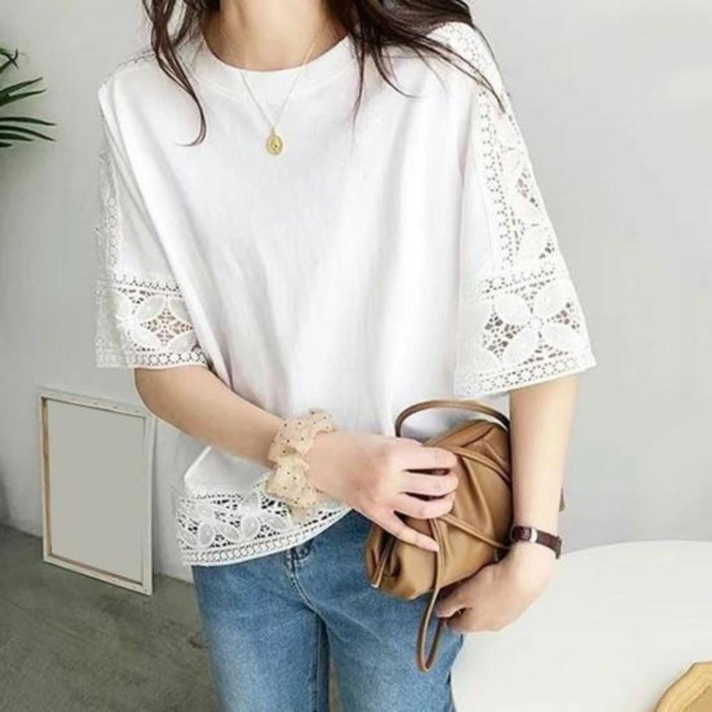 Damen Casual T-Shirt Rundhalsausschnitt Hohle Spitzennähte Halbarm Pullover Tops Einfarbig Lockere Passform Sommer Tops