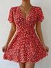 Damenkleid neu Europäisch und Amerikanisch beliebt Sexy Blumenspitze Schnürung Taille Kurzärmelig V-Ausschnitt
