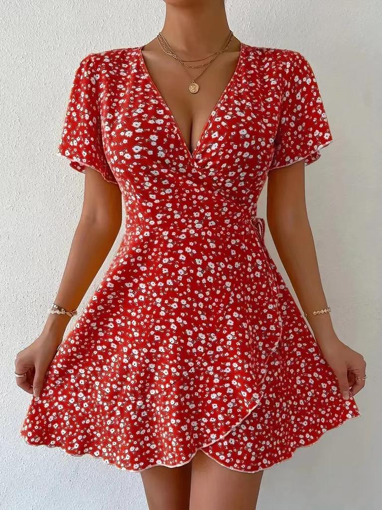Damenkleid neu Europäisch und Amerikanisch beliebt Sexy Blumenspitze Schnürung Taille Kurzärmelig V-Ausschnitt