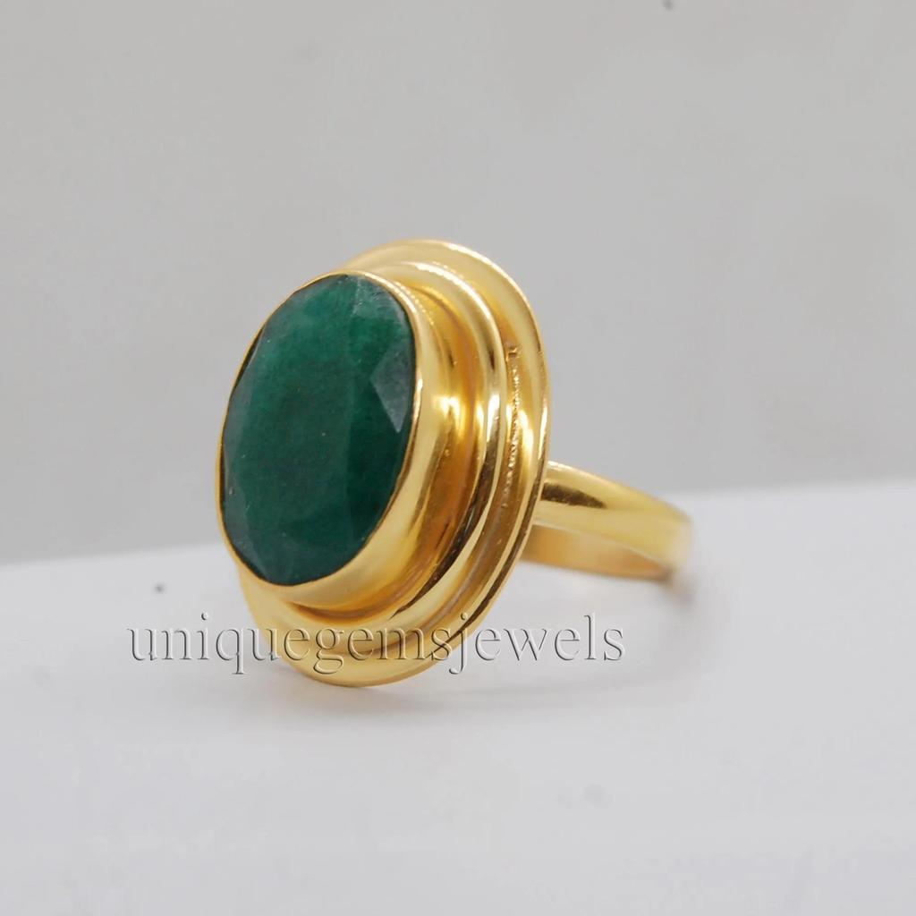 Rich Green Emerald 925 Sterling Silver Yellow Gold Fill Ring Jewelry, Handmade Artisan Gift Ring