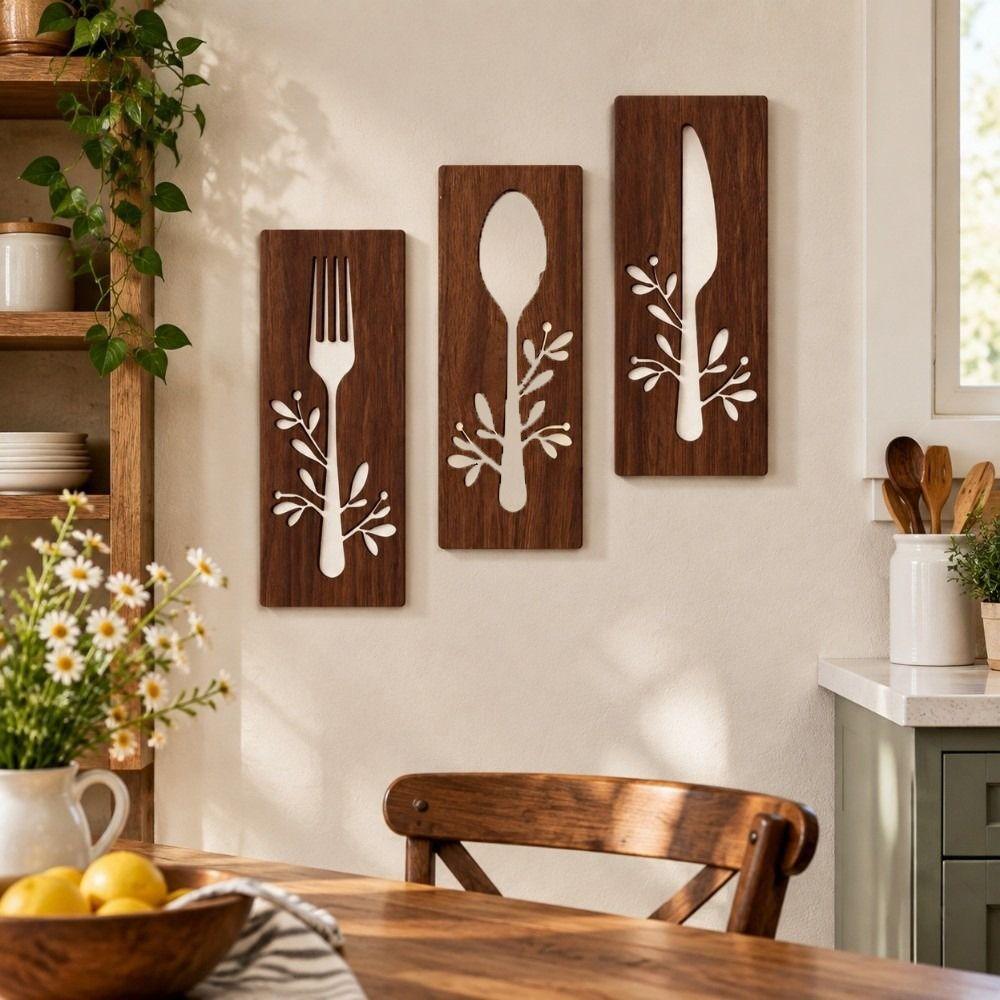 3pcs Spoon Kitchen Tools Wall Plaques Fork Wall Sticker Hangings Creative Wall Art Restaurant Decor