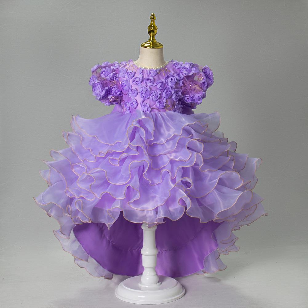 Neues Kinder-Prinzessinnenkleid 2025 mit 3D-Rosenapplikationen, Schleife und Kuchenschleppe