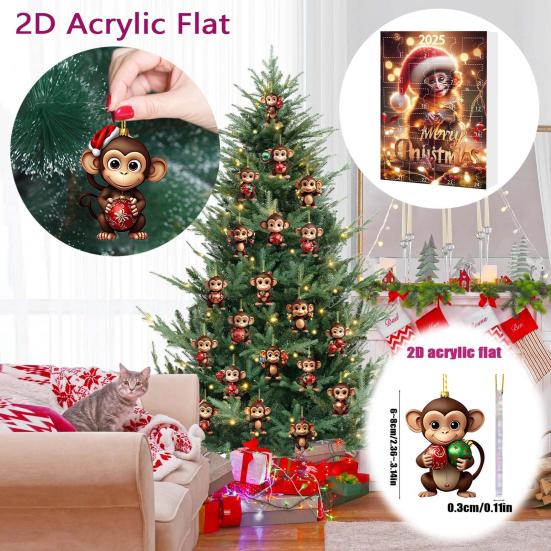 Monkey Advent Calendar 2025 2D Acrylic Monkey Hanging Ornament for Christmas Tree 24 Days Christmas Countdown Calendar for Kids Adult