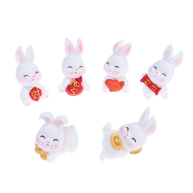 4/6Pcs/Set Cute Cartoon Auspicious Rabbit Micro Landscape Resin Crafts Diy Landscaping Decoration Home Gardening Accessories