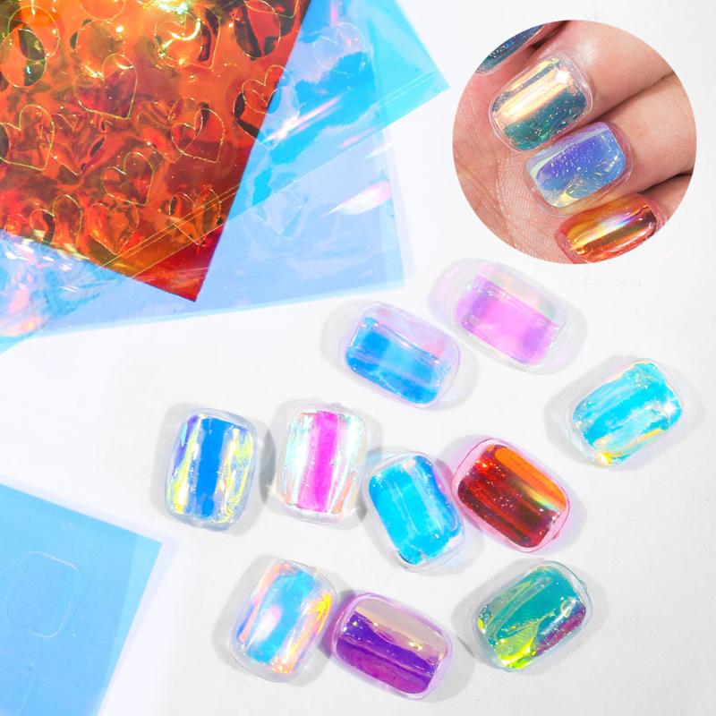 6/11 Sheets 3D Aurora Geometric Shape Ice Nail Foils Sticker Glass Paper Color Paper Nails Film Decals Cube Heart Nail Stickers