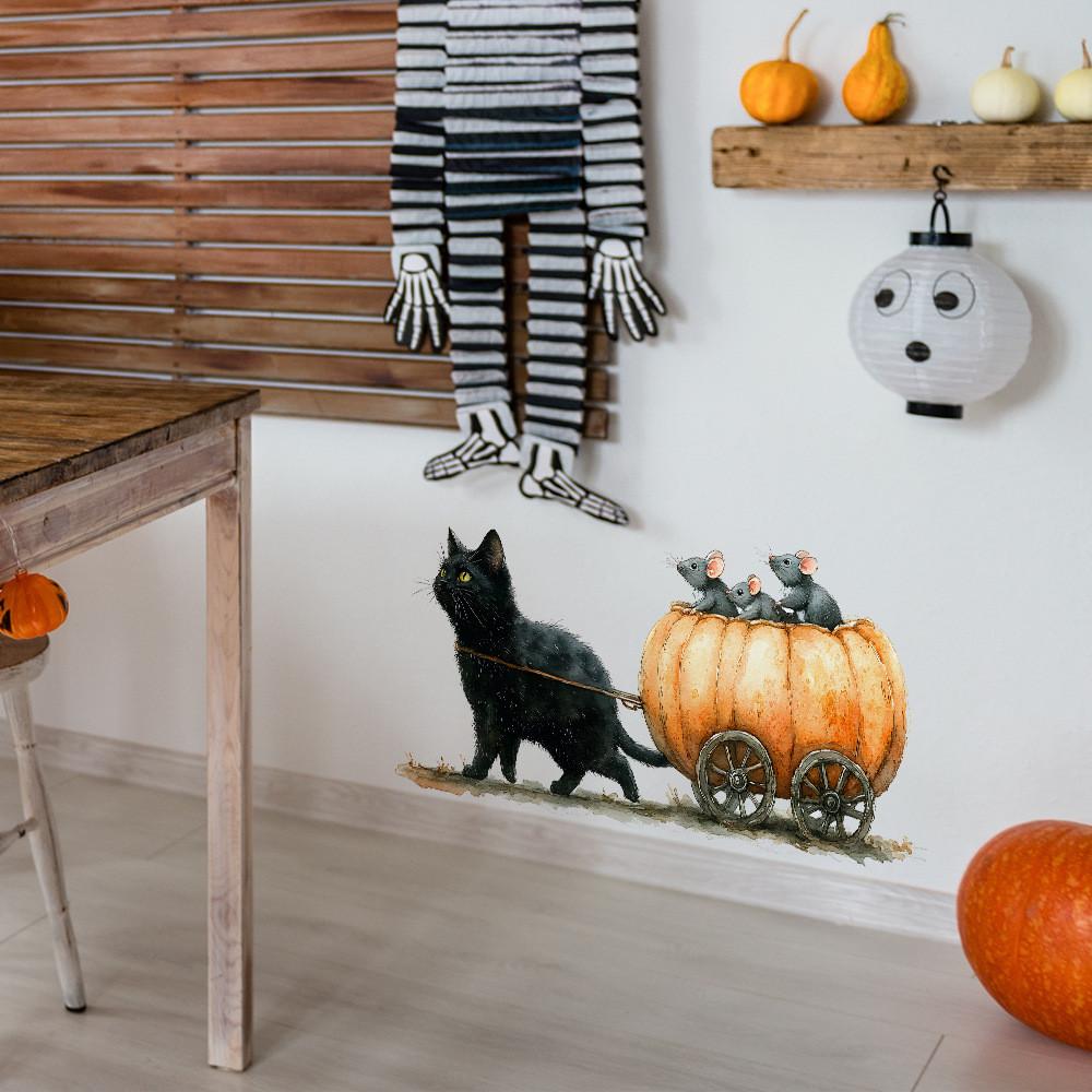 Halloween Cat Cartoon Pulling Pumpkin Cart Sitting Mouse Home Decor Stickers