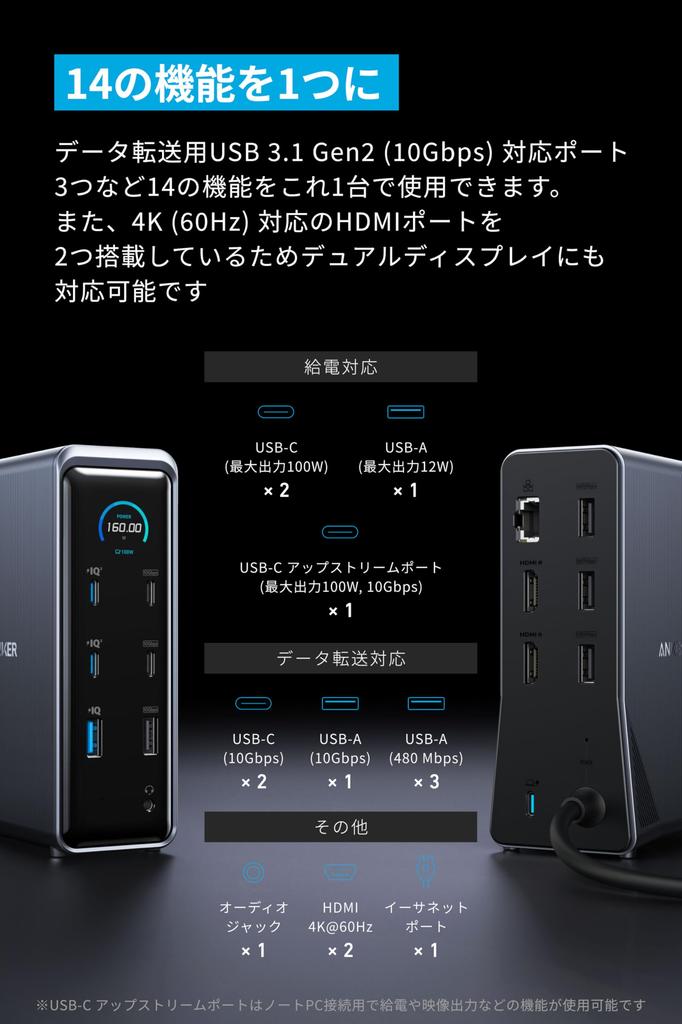 Anker Prime Docking Station (14-in-1, Dual Display, 160W) with USB-C Upstream Port with 100W USB PD Output, Built-in GaN AC-DC Power Supply, 10Gbps