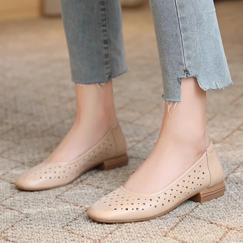 Summer Women's Round Head Single Shoes Soft Leather Soft Sole Medium Sandals Flat Heel Hole Hollow Retro Leather Shoes
