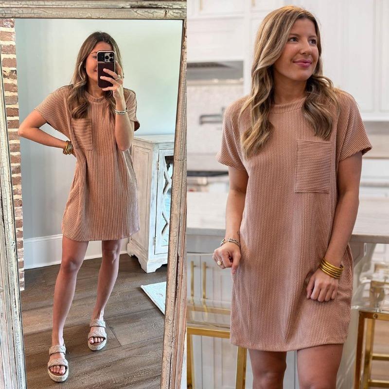 Women's Summer Casual Color Contrast Wave Striped Short Sleeve Pocket Dress