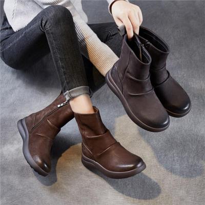 Genuine Leather Thick Soled Pleated Short Boots Side Zipper Soft Soled Cowhide Women's Boots