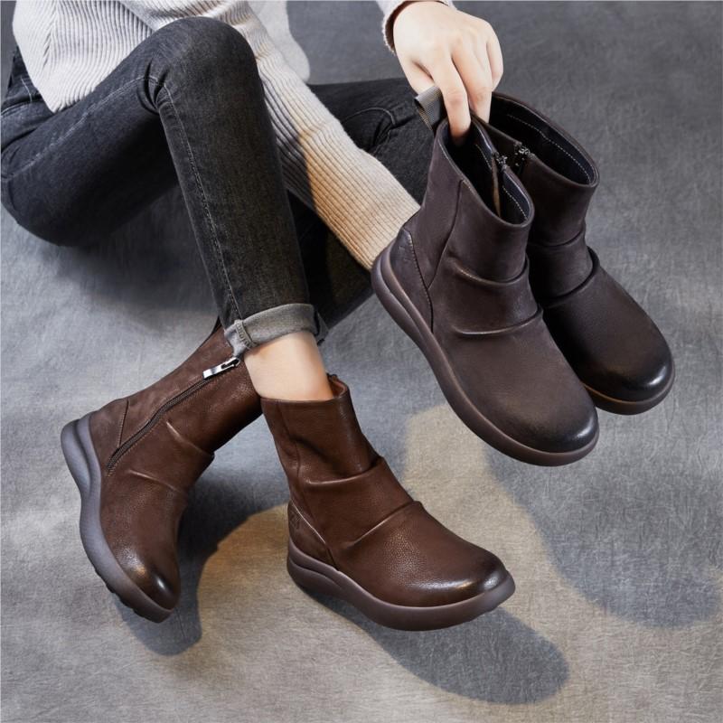 Johnature Genuine Leather Thick Soled Pleated Short Boots Side Zipper Soft Soled Cowhide Women's Boots